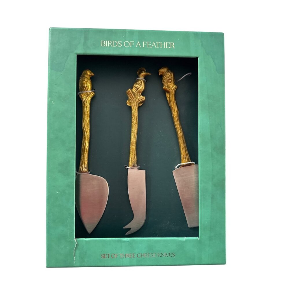 Anthropologie Birds Of A Feather 3 Piece Cheese Knives Stainless Brass Handles K
